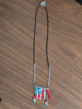 Handmade Beaded Flag Pendant Necklace in Red, Blue & White